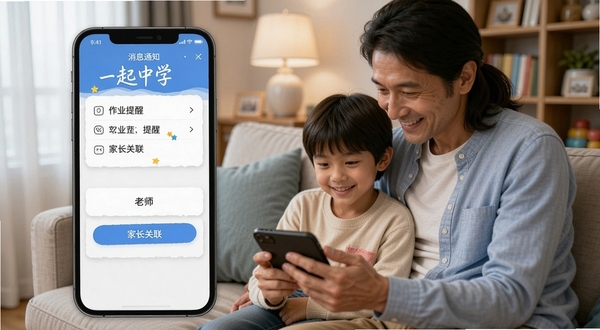 一起中学学生消息通知界面,手机屏幕显示老师布置的作业提醒与家长关联入口,背景为家庭客厅场景,家长与孩子一起看手机,氛围温馨