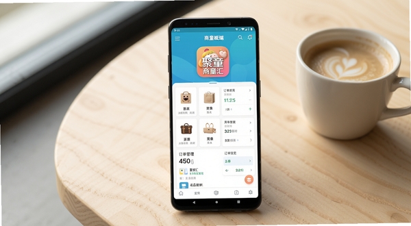 聚童汇商家端手机应用主界面展示，画面中央是一部竖屏安卓手机，屏幕内呈现商家端首页的商品管理与订单概览界面，背景为浅色木质桌面与一杯咖啡，柔和自然光，简洁商务风格，突出聚童汇商家端应用图标与界面细节
