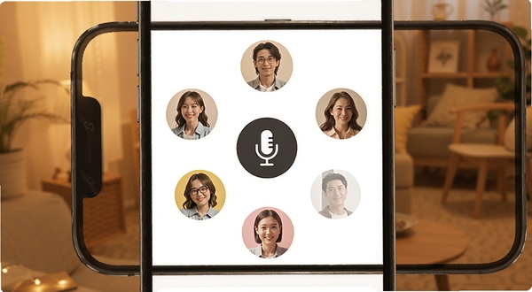 话外音应用界面展示多人语音房间场景，手机屏幕中显示五个用户头像围绕中心麦克风图标，背景为温馨的暖色调社交氛围，界面干净清爽
