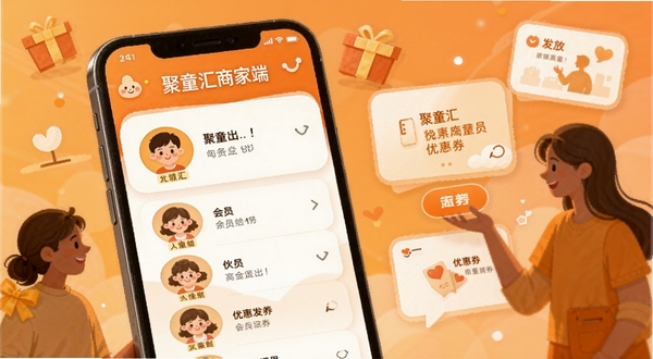 聚童汇商家端会员管理界面，手机画面显示会员头像列表与优惠券发放按钮，背景为温暖橙色调，人物剪影与卡片元素点缀，亲和力强的商业插画风格，突出聚童汇商家端会员功能