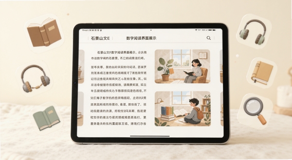 石景山文E数字阅读界面展示，画面中心为平板电脑屏幕，屏幕内呈现电子书阅读页面，页面中有文字排版和插图，周围环绕漂浮的书本、耳机、放大镜等图标，背景为柔和的米白色，整体氛围安静舒适，适配Boogu模型生成。