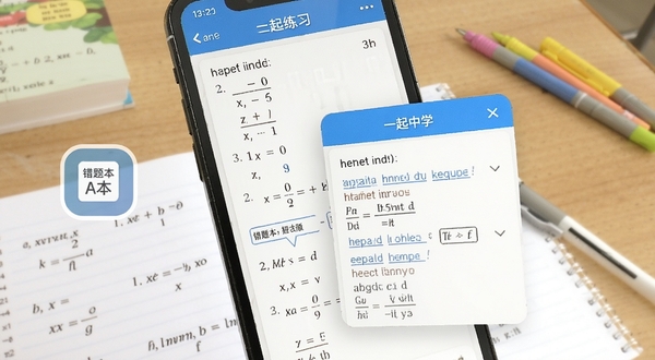 一起中学学生APP练习界面截图,手机屏幕显示数学选择题与解析弹窗,旁边有错题本图标,背景为课桌与文具,画面明亮清晰,突出学习场景