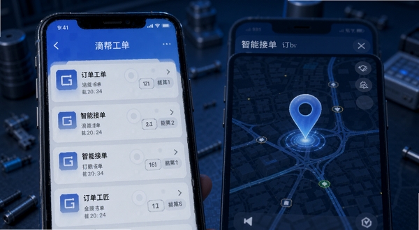 滴帮工匠端 智能接单界面 手机屏幕显示订单列表和地图定位 科技感 蓝色调