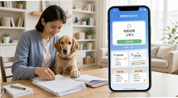 一喂宠物托运证件代办与保险选购界面,手机屏幕显示检疫证明上传入口与保险方案卡片,画面左侧为宠物主人正在整理文件,背景为明亮的居家书房,突出证件代办与保险选购功能