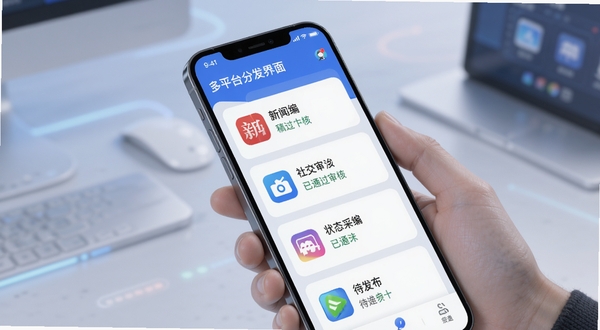 智媒移动采编 多平台分发界面 手机屏幕展示分发渠道列表 包含新闻客户端与社交平台图标 稿件状态显示已通过审核 待发布 界面以卡片式排列 清爽科技风 适配Boogu模型生成