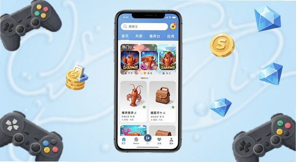 龙虾游戏交易平台应用主界面截图，画面中央展示手机屏幕，屏幕内呈现游戏交易平台的首页布局，顶部有搜索栏和分类标签，中部有热门游戏图标和推荐商品卡片，底部有导航菜单栏。背景为柔和的浅蓝色渐变，周围点缀一些游戏手柄、金币和钻石的卡通图标，整体风格清新明快，适合展示移动端应用界面。