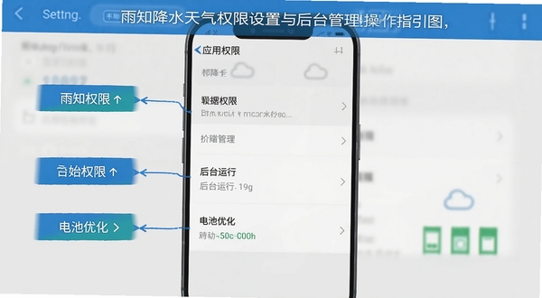 雨知降水天气权限设置与后台管理操作指引图,画面主体为手机设置界面中应用权限管理页面,背景区域为浅灰色系统界面,画面中标注位置权限、后台运行、电池优化等关键设置项,风格清晰直观