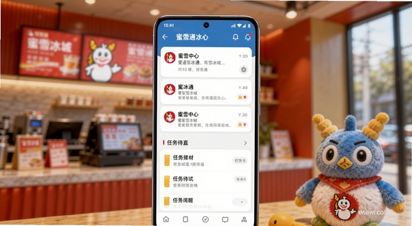 蜜雪通 消息通知与任务提醒界面展示图，画面主体为一部安卓手机位于画面中央，手机屏幕显示蜜雪通消息中心页面，包含多条通知卡片与任务待办列表，背景区域为蜜雪冰城门店内部场景虚化处理，画面右下角放置一个蜜雪冰城雪王玩偶，整体风格温馨活泼，高清写实，暖色调光影，横向构图