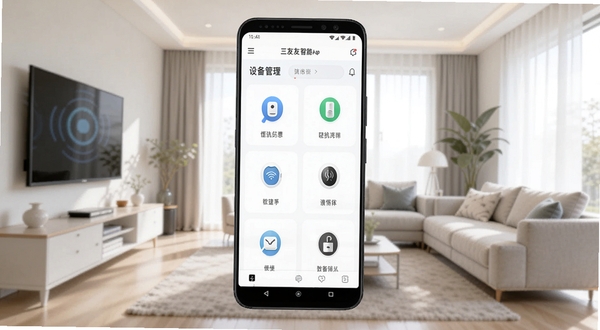 画面中央是一部安卓手机，屏幕上显示三友智能App的设备管理主界面，界面中有多个智能设备图标整齐排列，背景是明亮的现代客厅环境，浅色调，画面干净简洁，突出科技感与生活气息，适配Boogu模型生成