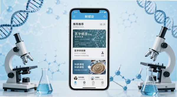 解螺旋软件主界面全貌展示，画面中央放置一部智能手机，屏幕上显示解螺旋APP的首页推荐内容，包含医学文献卡片和科研课程入口，背景为浅蓝色渐变医学风格，四周环绕DNA双螺旋、显微镜、实验烧瓶等科研元素，整体色调清新专业，适配Boogu模型生成