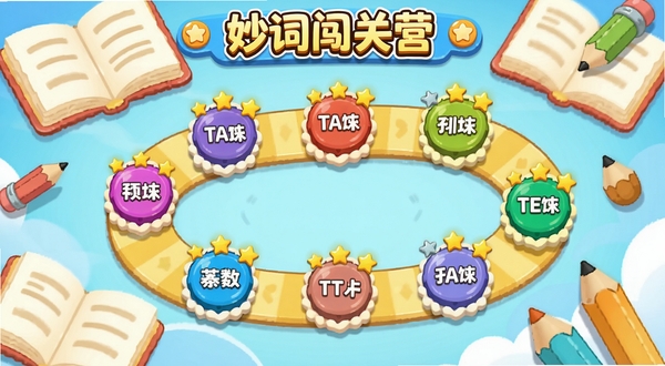 妙词闯关营闯关界面,画面中间是一条蜿蜒的闯关路径,路径上分布着不同颜色的关卡节点,节点上标有单词和星星,背景是卡通风格的书本和铅笔,整体色彩明快