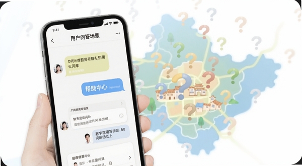 数字昆明用户问答场景展示，画面主体为手机屏幕显示问答对话气泡与帮助中心界面，背景区域为昆明城市地图与问号图标组合的柔和插画，整体风格亲切友好，适配Boogu模型生成