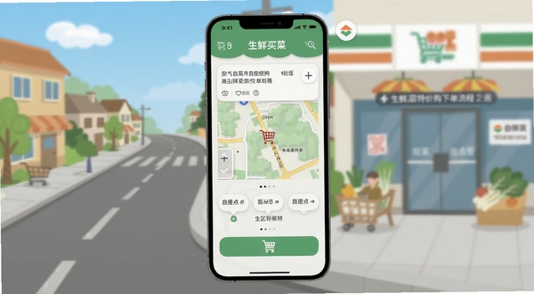 生鲜买菜特价购下单流程界面，手机显示购物车与自提点选择地图，背景为社区街道与便利店场景，简洁明快的扁平化风格，适配Boogu模型生成