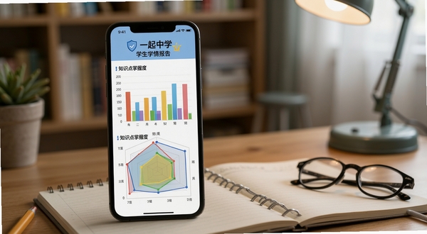 一起中学学生学情报告页面,手机屏幕展示彩色柱状图与知识点掌握度雷达图,背景为书房环境,书桌上放着笔记本和眼镜,整体色调柔和