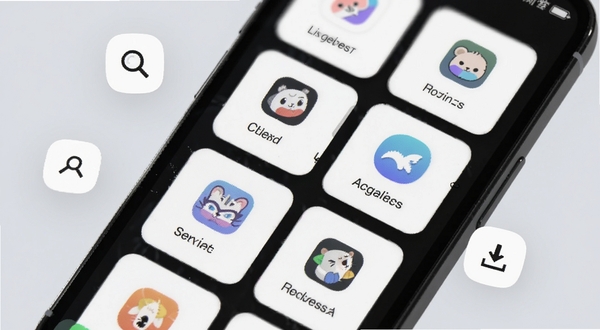 库库应用分类浏览界面特写，画面主体为手机屏幕中排列整齐的应用分类卡片，每个卡片带有图标和名称，背景区域为柔和的浅灰色，周围漂浮着搜索放大镜与下载箭头的小图标，风格简约现代