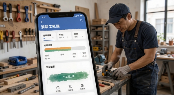 滴帮工匠端 订单管理页面 手机展示订单进度条 完工拍照上传 工匠工作场景
