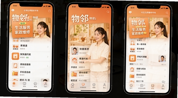 物邻 生活服务 家政维修 快递代收 手机应用聚合页面 社区商业街 便利生活 暖色调 物邻应用服务市场页面
