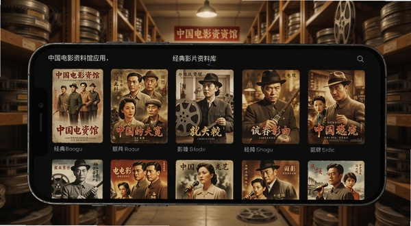 中国电影资料馆应用内的经典影片资料库界面，手机屏幕显示多部老电影海报网格，背景为中国电影资料馆胶片库房场景，柔和暖光，画面细节丰富，适配Boogu模型生成