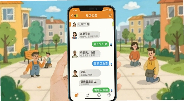 物邻 社区公告 邻里互动 手机聊天界面 小区广场 居民交流 明亮活泼色彩 物邻应用公告列表页面 扁平化设计