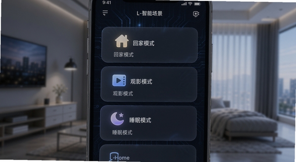 L-Home智能场景设置界面，手机屏幕展示“回家模式”“观影模式”“睡眠模式”等场景卡片，每个卡片配有图标和简短描述，背景为深色科技风格，突出场景联动的便捷与智能