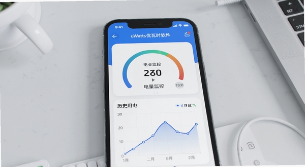 uWatts优瓦时软件主界面展示,画面中央为手机屏幕特写,屏幕内呈现电量监控仪表盘与历史用电曲线图,界面以蓝白配色为主,背景为浅灰色极简桌面环境,突出科技感与实用性,整体风格干净清爽