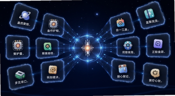 盒聚变多合一工具聚合功能展示图，画面中多个功能卡片从中心向四周展开，每张卡片上有不同的工具图标，背景为深蓝色星空渐变，卡片带有微光边框，整体呈现科技感与秩序感