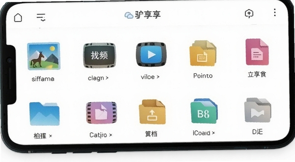 驴享享文件整理功能界面，手机屏幕显示文件分类列表，图片、视频、文档等图标整齐排列，背景为白色简洁风格，突出分类清晰的文件管理界面