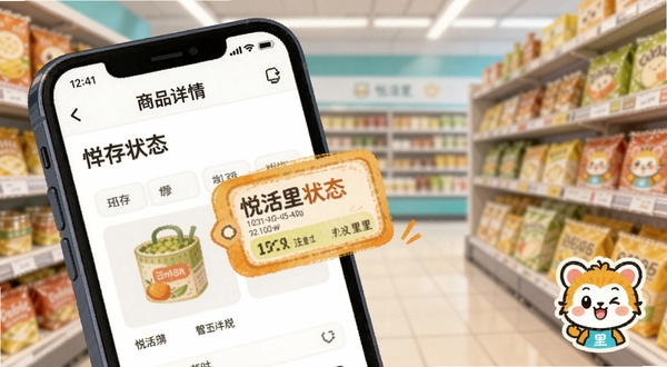 悦活里超市APP商品详情页面截图风格插画，画面主体为手机屏幕显示商品库存状态标签，背景区域为超市货架虚化场景，画面右下角有悦活里超市吉祥物小图标，色彩明亮活泼