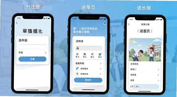 一起中学学生安装步骤示意图,手机屏幕分步展示注册、选年级、进首页三个画面,背景为纯色渐变,简洁直观