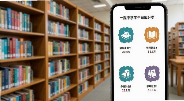 一起中学学生题库分类页面,手机屏幕展示各学科图标与题目数量,背景为学校图书馆书架,色彩丰富,突出教育资源丰富感