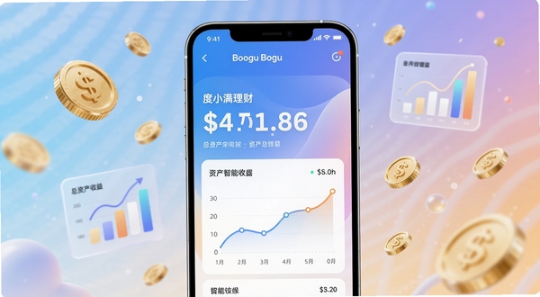 度小满理财资产总览页面,手机屏幕显示总资产数字与收益曲线图,背景为柔和渐变色调,周围漂浮金币与图表元素,体现财富增长与智能管理,画面精致细腻,适合Boogu模型生成