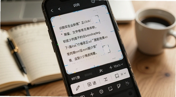 识向软件文字识别功能界面特写，画面主体为手机屏幕显示识别后的文字结果与编辑工具栏，背景为办公桌面场景，桌面散落笔记本与咖啡杯，屏幕内文字清晰可见，整体色调温暖自然，适配Boogu模型生成
