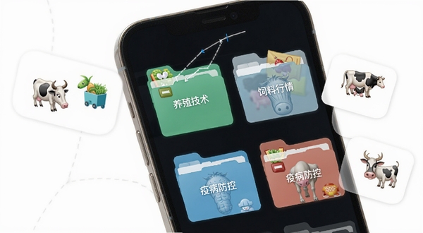 畜博导航行业站点聚合功能展示图，画面中一部手机屏幕显示多个分类文件夹，分别标注养殖技术、饲料行情、疫病防控等标签，每个文件夹旁边有对应的图标，背景为白色，画面简洁明快，突出导航聚合的特点