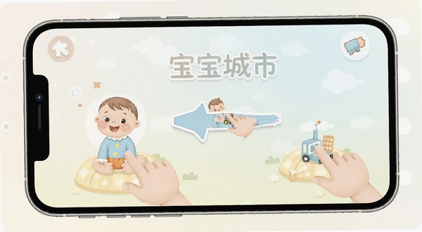 宝宝建城市新手操作界面示意图，画面展示手机屏幕中应用的初始引导页面，有箭头指示拖拽操作，背景为柔和的浅色调，突出新手引导的清晰易懂