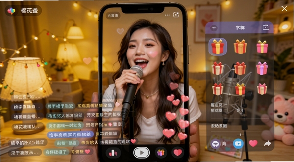 棉花糖直播软件直播间互动场景,画面主体为手机屏幕内主播正在唱歌,屏幕下方滚动着彩色弹幕和爱心特效,右侧有礼物面板半透明展开,背景为温馨的室内直播布景,暖黄色灯光,画面风格活泼明快,突出实时互动的热闹氛围