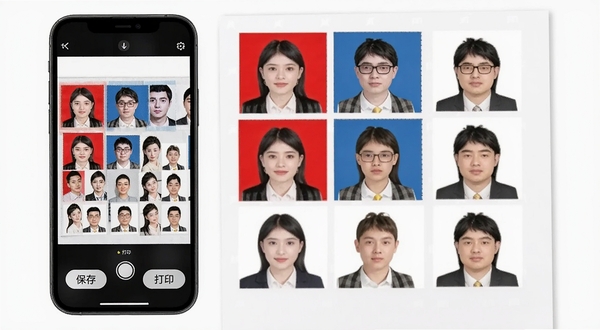 元气证件照排版打印功能示意图，画面中展示手机屏幕显示多张一寸证件照排列在六寸相纸版面上，照片整齐排列，背景分别为红蓝白三色，底部有保存和打印按钮，画面简洁明了，突出便捷的排版导出功能