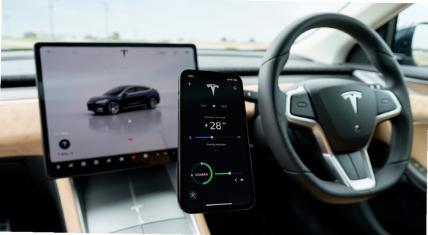 Tesla应用远程控制界面展示,手机屏幕显示车辆空调温度调节与充电进度条,背景为特斯拉车辆内部中控屏与方向盘,画面明亮清晰,突出科技感与操作便捷性
