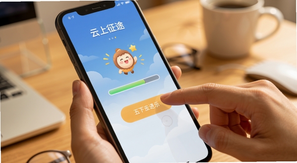 云上征途 移动端操作界面特写，手指正在点击目标打卡按钮，屏幕显示进度条与鼓励动画，背景为暖色调桌面环境，突出轻松上手的操作氛围