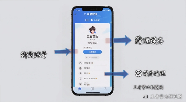 王者营地使用教程示意图，画面中一部智能手机显示王者营地的账号绑定页面，旁边有箭头指向权限设置和缓存清理选项，背景为浅灰色简约风格，配以文字标注“绑定账号”“清理缓存”等步骤，alt=