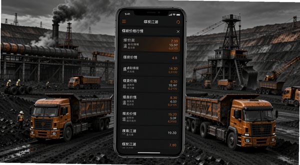 煤炭江湖软件主界面全貌展示,画面中央为手机屏幕显示煤炭价格行情列表,背景区域为煤矿矿区与运输卡车场景,整体色调以深灰和橙色为主,突出工业感与信息平台的科技氛围