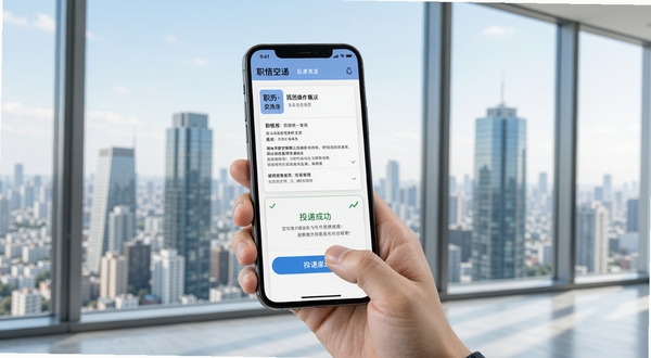 职悟空简历投递操作演示，画面中一只手拿着手机，拇指点击投递按钮，手机屏幕显示简历预览和投递成功提示，背景是城市写字楼窗外景色，明亮清晰