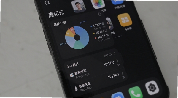 Boogu模型生成一张手机屏幕特写，画面主体为鑫纪元APP的记账界面，位于画面中央偏左，显示饼状收支图表与最近三笔记录，背景为深色模式下的手机桌面，带有轻微景深效果，整体色调沉稳，突出鑫纪元记账功能的简洁与数据可视化