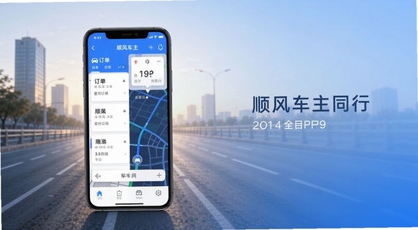 顺风车主同行软件主界面全貌展示，画面中央是一部智能手机屏幕，屏幕内显示顺风车主同行APP的订单列表与地图导航融合界面，背景为城市道路与清晨光线的柔和渐变，整体色调为蓝白商务风格，突出出行工具的科技感与实用性，画面主体坐标居中偏左，背景区域右侧留白用于文字叠加