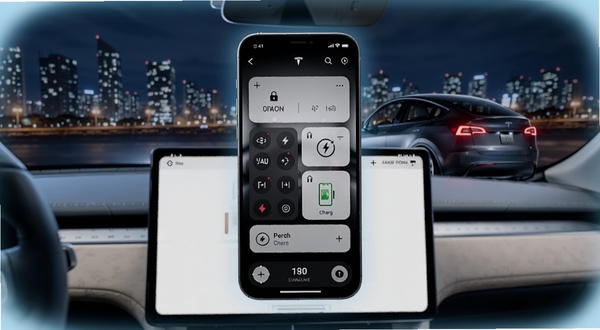 Tesla手机应用界面悬浮在汽车中控屏上方,屏幕显示车辆解锁、空调控制、充电状态等卡片式按钮,背景是夜晚城市灯光与一辆特斯拉Model Y,画面风格科技感十足,主体位于画面中央,四周有淡蓝色光晕