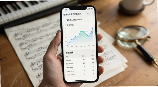音准达人历史记录统计页面，手机屏幕展示音准曲线折线图与数据列表，背景为书桌与乐谱，整体色调清新，体现数据复盘功能