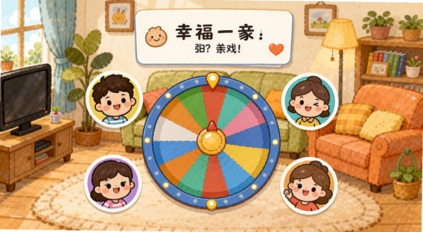 幸福一家亲应用界面中展示一个多人答题游戏场景,画面中央有一个彩色转盘和四个可爱卡通头像分坐四方,上方显示题目卡牌,背景是温馨的家庭客厅手绘风格,色彩明快,细节丰富,体现欢乐竞技氛围。