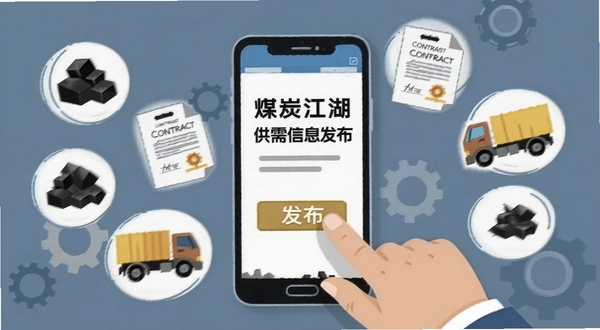 煤炭江湖供需信息发布页面截图风格插画,画面中一只手正在点击手机屏幕上的发布按钮,周围漂浮着煤炭、合同、卡车等图标元素,背景为简洁的蓝灰色调,体现高效对接的交易场景