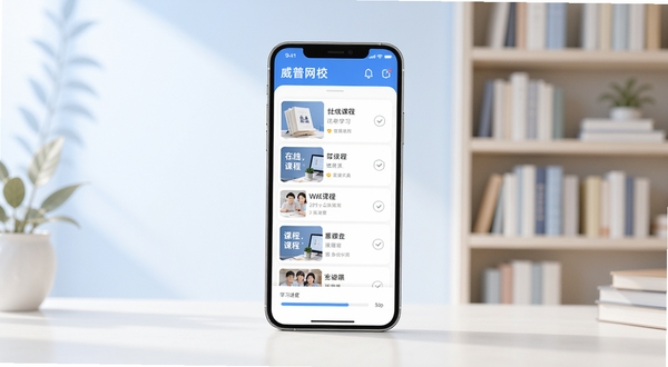 威普网校 在线学习平台整体界面展示图，中央位置为手机屏幕中显示课程列表与学习进度条，背景区域为柔和的蓝白渐变色调与书架元素，画面风格简洁明亮，突出在线教育学习氛围