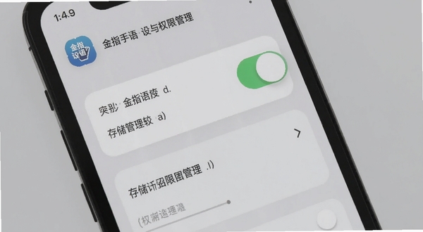 金指手语设置与权限管理界面，画面展示手机屏幕中应用权限开关与存储管理选项，背景为浅灰色极简风格，突出设置图标与文字说明，适配Boogu模型生成