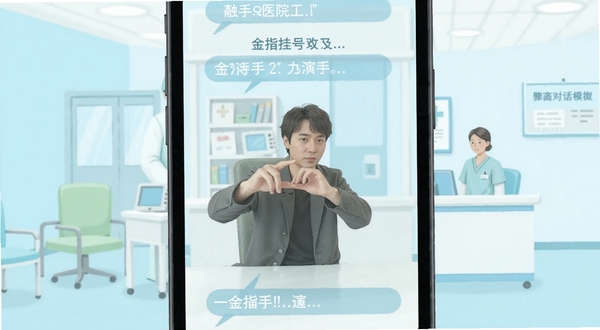 金指手语场景对话模拟界面，画面展示手机屏幕中医院挂号场景的手语对话演示，背景为简洁的医疗环境插画风格，配色以浅蓝和白色为主，适配Boogu模型生成